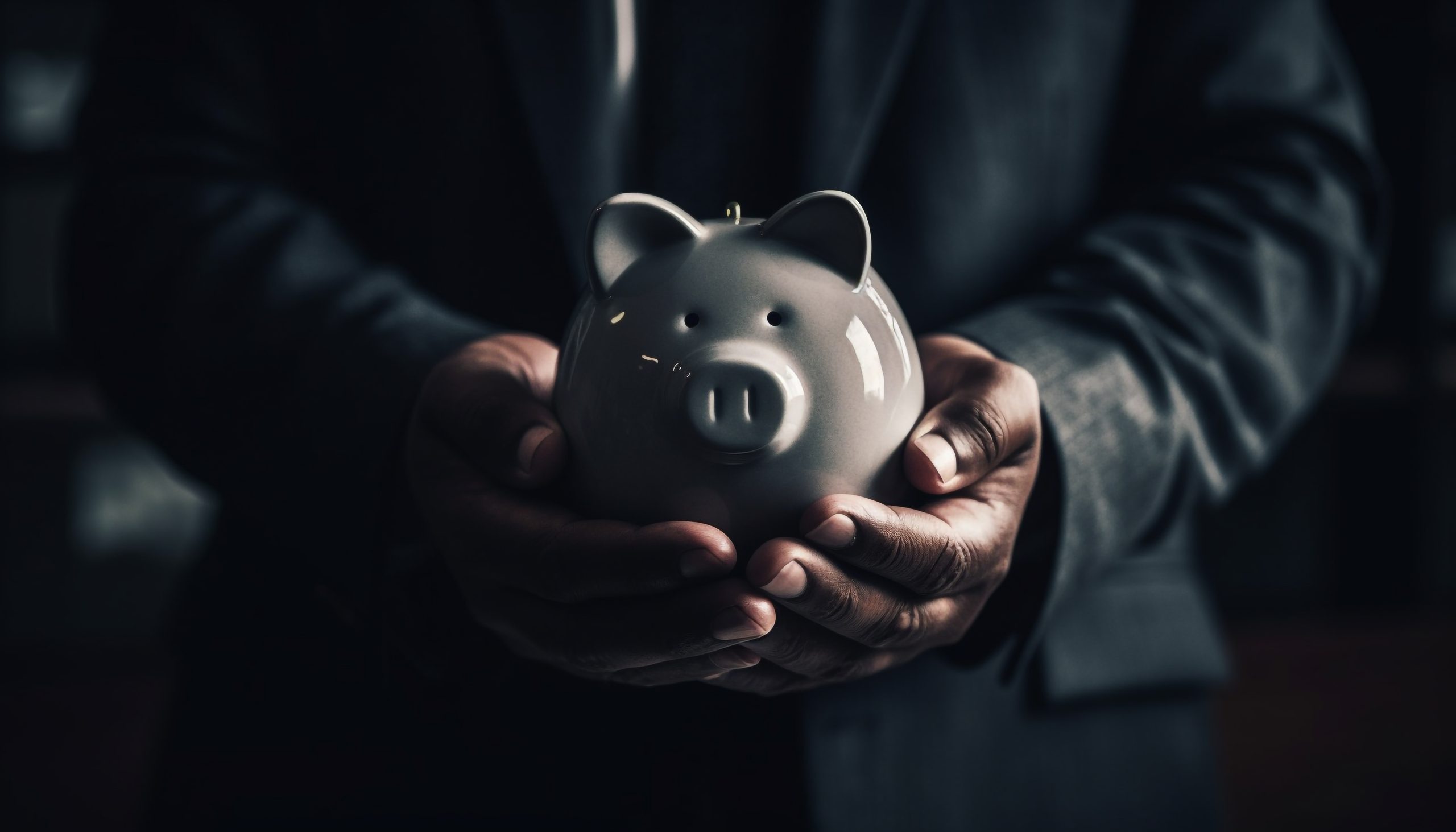 Caucasian businessman holding piggy bank smiling confidently