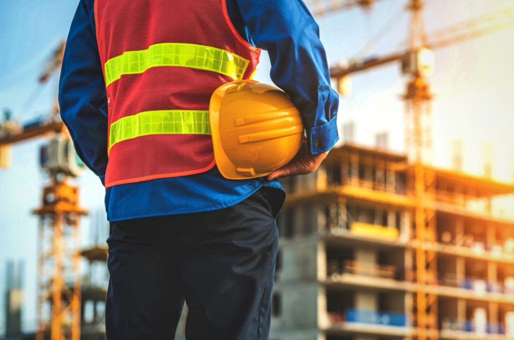 Worker in a red hi-vis vest holds a yellow hard hat, facing a multi-storey build site.